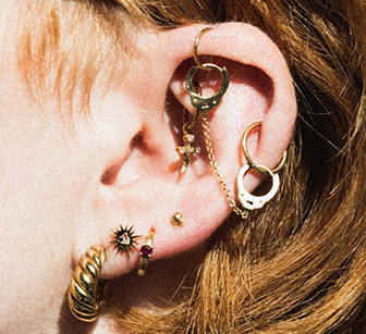 A person with various ear piercings